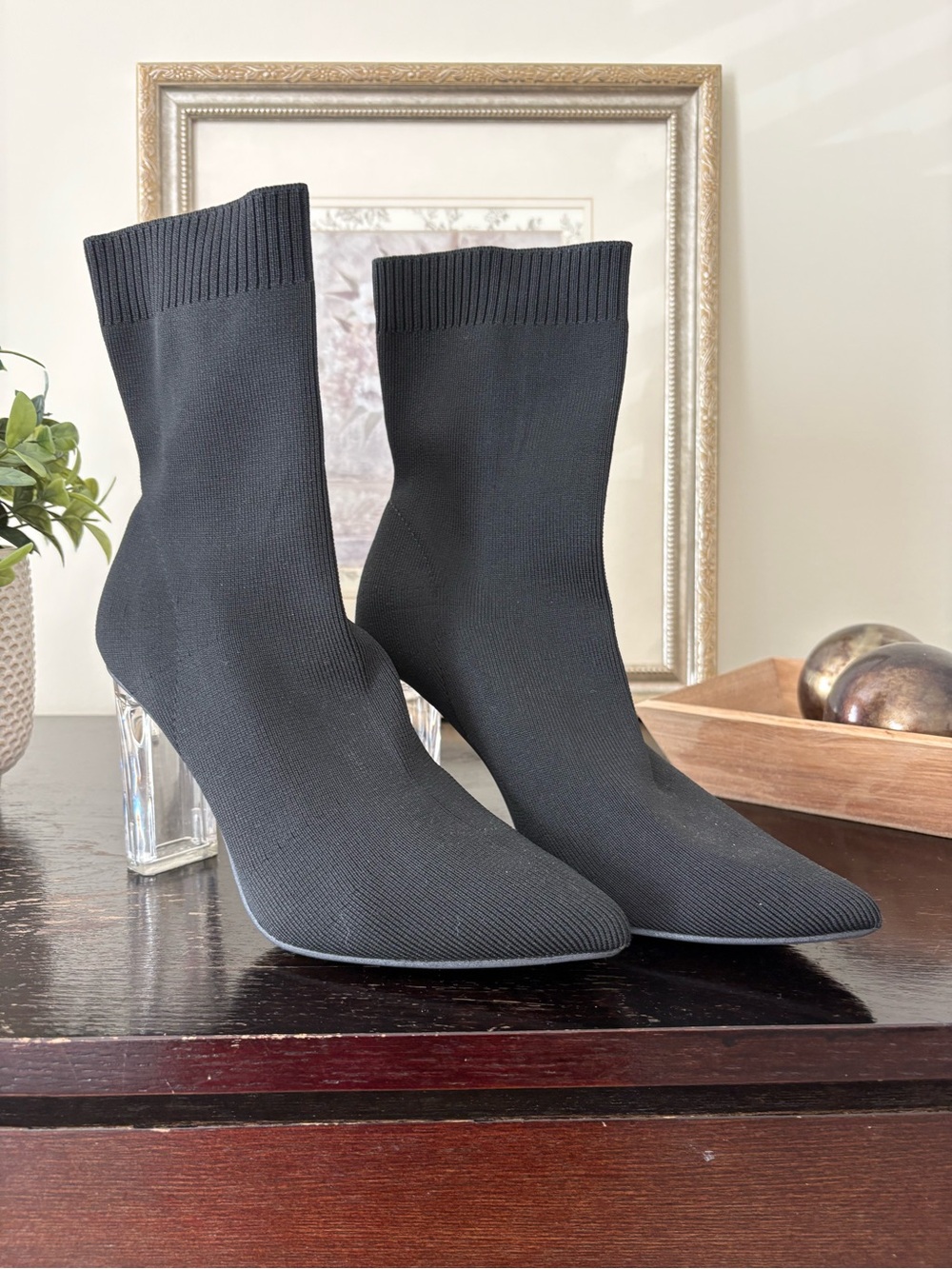 Black Stretch-Knit Sock Booties with Clear Block Heel - Women Accessories